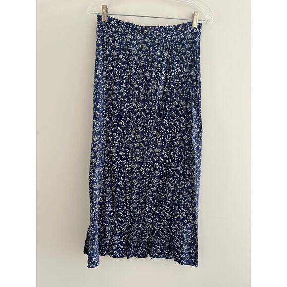 Vintage Rayon Midi Skirt Navy Blue White Floral Zip Up Size Medium JL - Picture 1 of 6